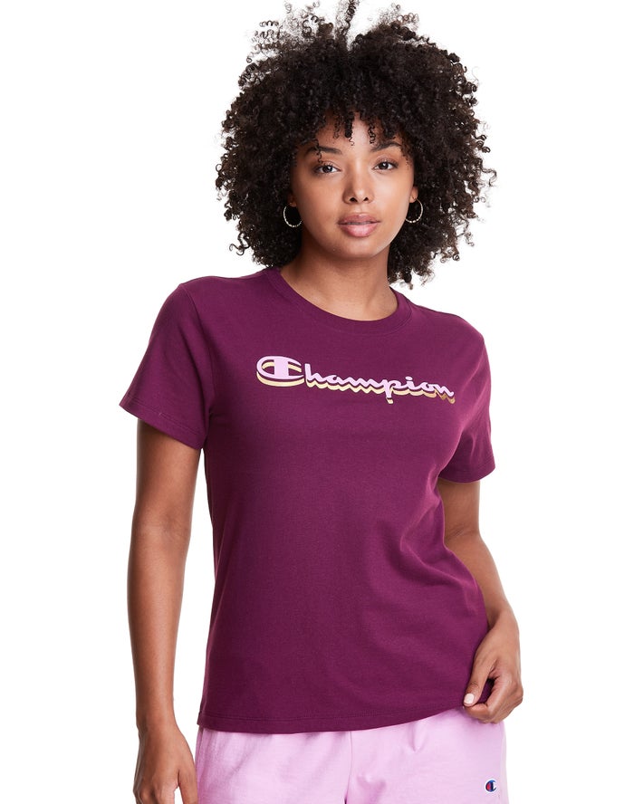 Champion Classic Drop Shadow Foil Script Logo - Naisten TummanVioletit T-Paita - Suomi 3481965-UO